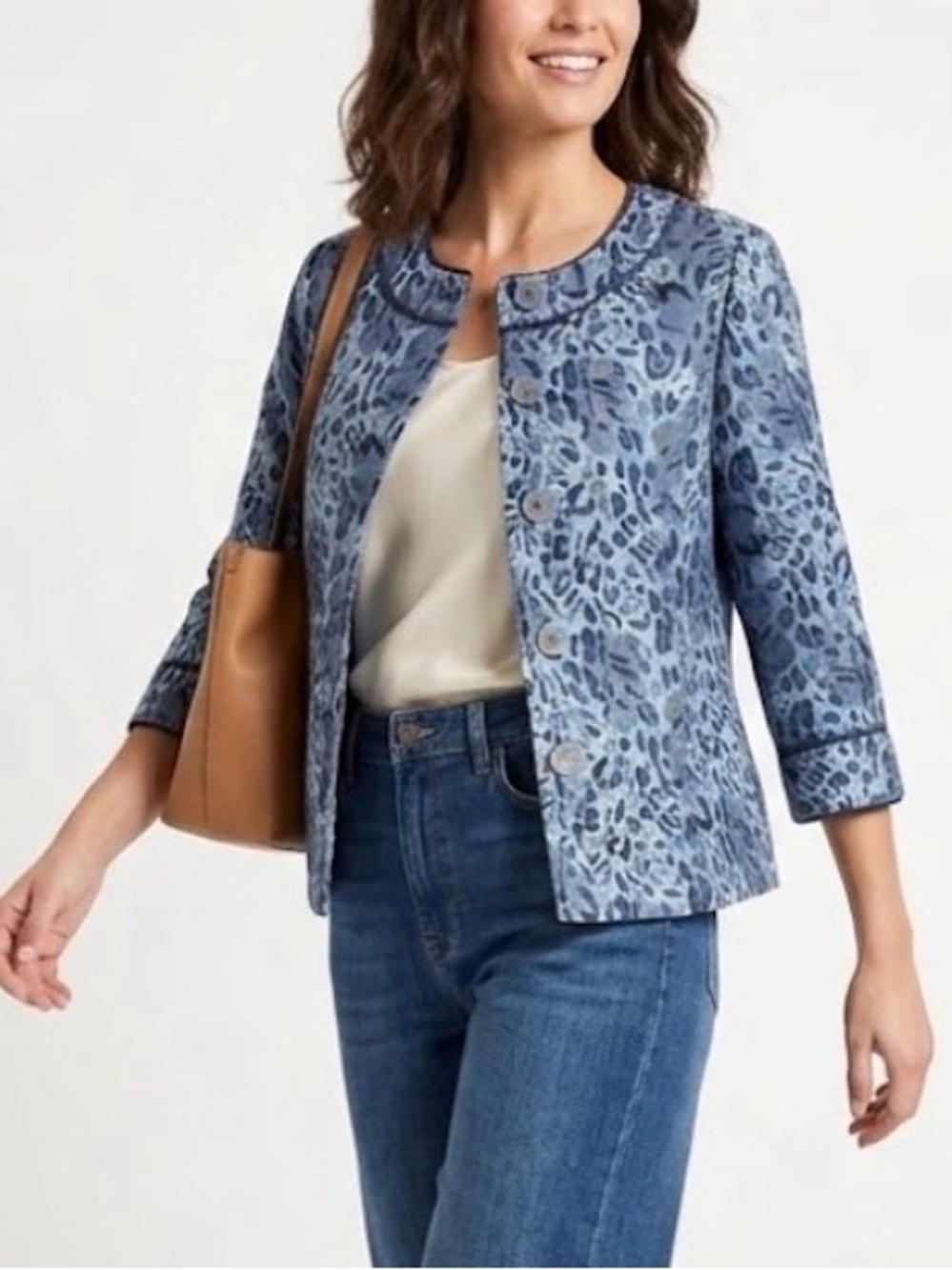 Women’s Blue Denim Jacquard 3/4 Sleeve Jacket Career Party Vintage Size M
